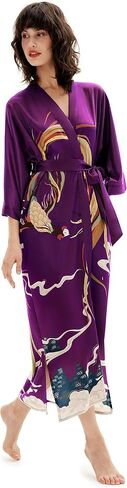 PRODESIGN Long Kimono Robe Satin Sleepwear Phoenix Handprinted Silky Nightgown Bathrobe Blouse Cardigan for Women in Kuwait