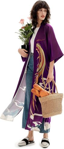 PRODESIGN Long Kimono Robe Satin Sleepwear Phoenix Handprinted Silky Nightgown Bathrobe Blouse Cardigan for Women in Kuwait