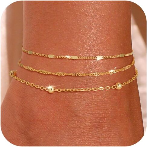 Ankle Bracelet for Women - 14K Gold Plated Ankle Bracelets Waterproof Cuban Link Heart Beads Herringbone Pearl Anklet Bracelets for Women in Kuwait