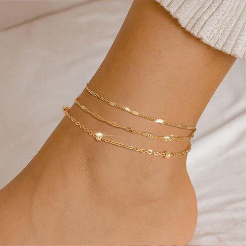 Ankle Bracelet for Women - 14K Gold Plated Ankle Bracelets Waterproof Cuban Link Heart Beads Herringbone Pearl Anklet Bracelets for Women in Kuwait