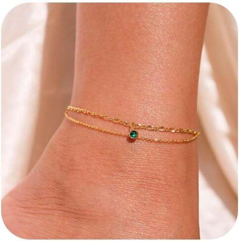 Diamond Anklets Bracelets for Women 14K Gold Plated Emerald Birthstone anklets for Women Mothers Dainty Gold anklets Blue Green Cubic Zirconia anklets Birthday Beath Gifts for Women Jewelry in Kuwait