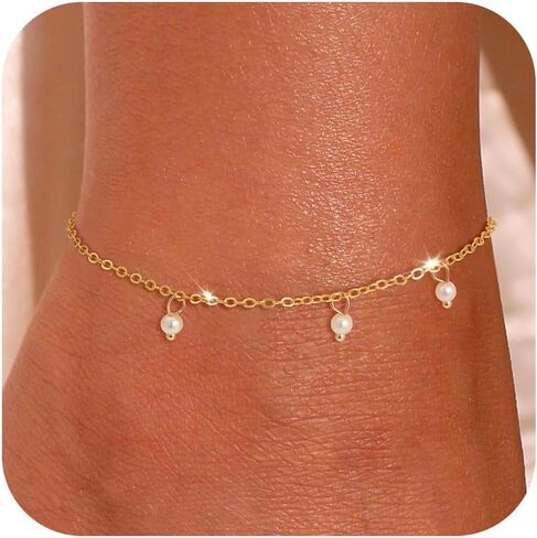 Ankle Bracelet for Women - 14K Gold Plated Ankle Bracelets Waterproof Cuban Link Heart Beads Herringbone Pearl Anklet Bracelets for Women in Kuwait