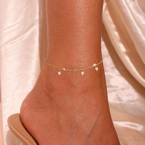 Ankle Bracelet for Women - 14K Gold Plated Ankle Bracelets Waterproof Cuban Link Heart Beads Herringbone Pearl Anklet Bracelets for Women in Kuwait