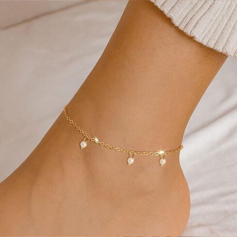 Ankle Bracelet for Women - 14K Gold Plated Ankle Bracelets Waterproof Cuban Link Heart Beads Herringbone Pearl Anklet Bracelets for Women in Kuwait