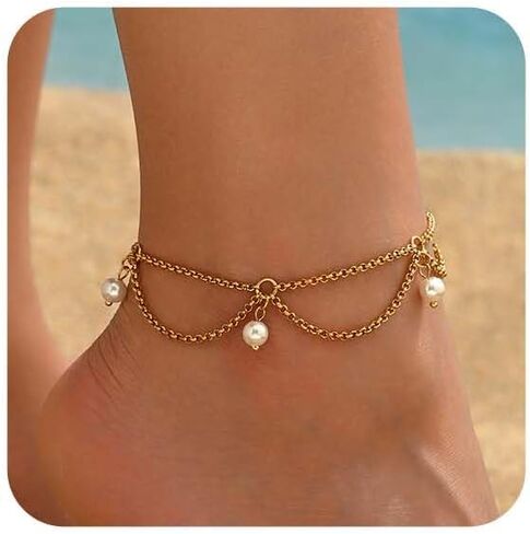Gold Ankle Bracelets for Women 18K Gold Plated Waterproof Starfish Sea Shell Pearls CZ Diamond Dangle Anklets Trendy Summer Beach Foot Chain Jewelry Gift in Kuwait