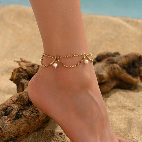 Gold Ankle Bracelets for Women 18K Gold Plated Waterproof Starfish Sea Shell Pearls CZ Diamond Dangle Anklets Trendy Summer Beach Foot Chain Jewelry Gift in Kuwait
