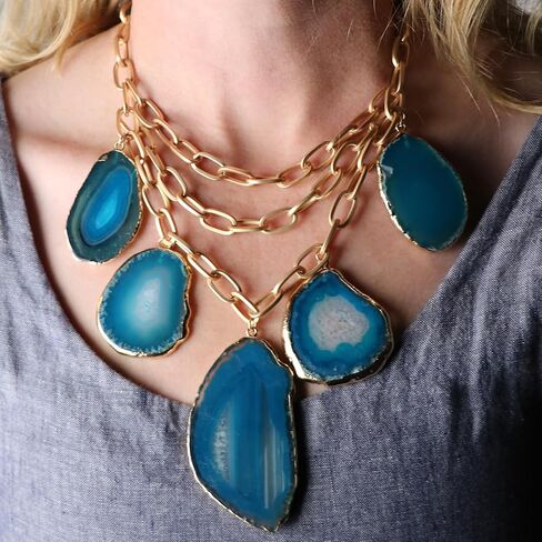 Rosemarie & Jubalee Women's Statement Natural Howlite Stone Slices On Chic Matte Gold Tone Multistrand Paperclip Link Chains Bib Necklace, 16"+3" Extension in Saudi Arabia