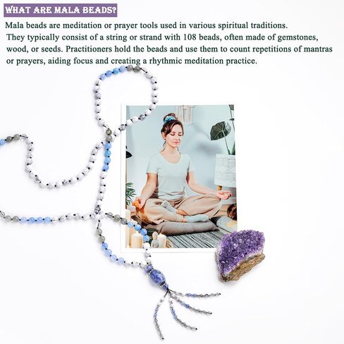 Bivei 108 Mala Beads Bracelet Real Gemstone Yoga Pendants تأمل يد قلادة صلاة Mala in Kuwait