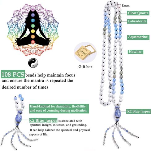 Bivei 108 Mala Beads Bracelet Real Gemstone Yoga Pendants تأمل يد قلادة صلاة Mala in Kuwait