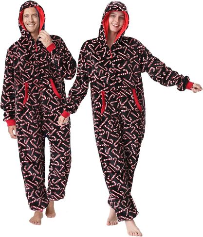 Unpifolov Unisex Flannel Christmas Jumpsuit Soft Sleepwear Adult Couple Matching Family Pajamas Hooded Zip Homewear in Saudi Arabia