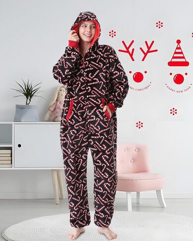 Unpifolov Unisex Flannel Christmas Jumpsuit Soft Sleepwear Adult Couple Matching Family Pajamas Hooded Zip Homewear in Saudi Arabia