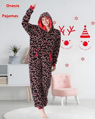 Unpifolov Unisex Flannel Christmas Jumpsuit Soft Sleepwear Adult Couple Matching Family Pajamas Hooded Zip Homewear in Saudi Arabia