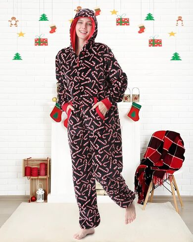 Unpifolov Unisex Flannel Christmas Jumpsuit Soft Sleepwear Adult Couple Matching Family Pajamas Hooded Zip Homewear in Saudi Arabia