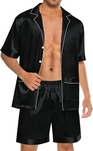 Swomog Mens الحرير Pajama مجموعة 2 قطعت الأكمام قصيرة ساتان ساتان الزر لأسفل PJ in Saudi Arabia