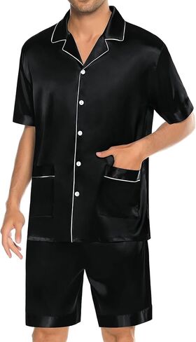 Swomog Mens الحرير Pajama مجموعة 2 قطعت الأكمام قصيرة ساتان ساتان الزر لأسفل PJ in Saudi Arabia