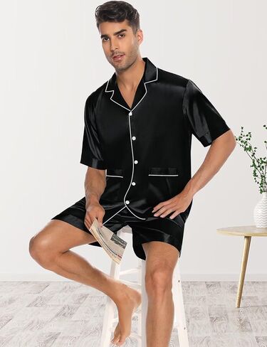 Swomog Mens الحرير Pajama مجموعة 2 قطعت الأكمام قصيرة ساتان ساتان الزر لأسفل PJ in Saudi Arabia
