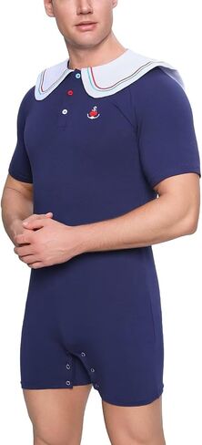 Men’s Cotton Onesie Sailor Collar Bodysuit Short Sleeve Print Romper Pajama - Captain in Saudi Arabia