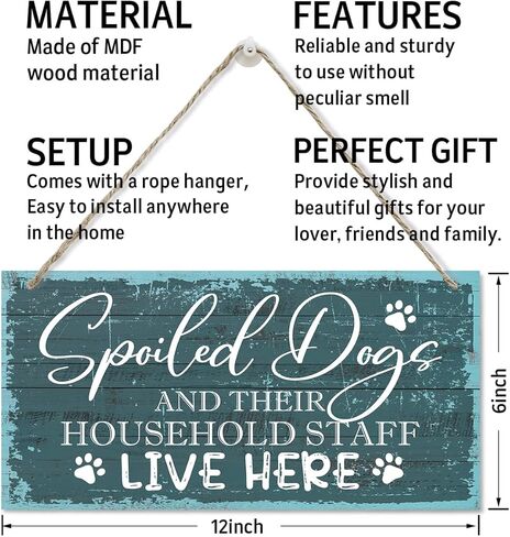 الكلاب المدللة وموظفيها يعيشون هنا علامة، علامة لوحة خشبية مطبوعة، علامة خشبية معلقة ديكور المنزل، علامات عائلية لهدية ديكور المنزل، هدايا علامة ديكور غرفة الكلب، ديكور المنزل جدار الفن علامة 12 "× 6" in Kuwait