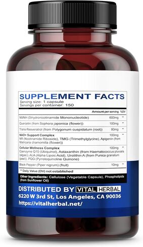 VITAL HERBAL NMNH with Resveratrol Supplement – 150 Capsules – Supports NAD+ Production, Cellular Energy & Healthy Aging – Made in The USA in Saudi Arabia