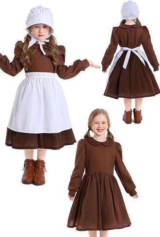 Kids Colonial Costume Set Pioneer Prairie Dress Girls Pilgrim Costume Including White Aprons and Pioneer Bonnet in Kuwait