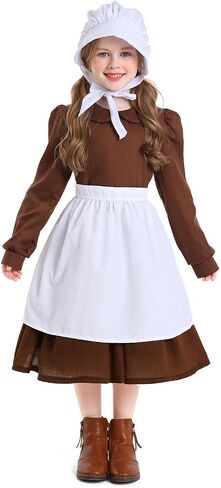 Kids Colonial Costume Set Pioneer Prairie Dress Girls Pilgrim Costume Including White Aprons and Pioneer Bonnet in Kuwait