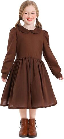 Kids Colonial Costume Set Pioneer Prairie Dress Girls Pilgrim Costume Including White Aprons and Pioneer Bonnet in Kuwait