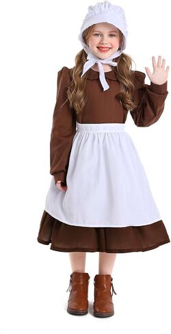Kids Colonial Costume Set Pioneer Prairie Dress Girls Pilgrim Costume Including White Aprons and Pioneer Bonnet in Kuwait