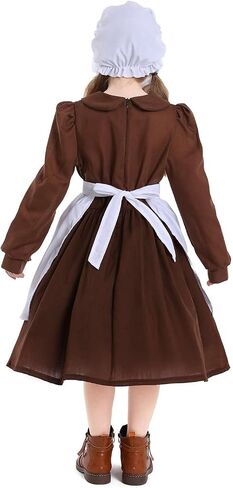 Kids Colonial Costume Set Pioneer Prairie Dress Girls Pilgrim Costume Including White Aprons and Pioneer Bonnet in Kuwait