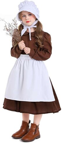 Kids Colonial Costume Set Pioneer Prairie Dress Girls Pilgrim Costume Including White Aprons and Pioneer Bonnet in Kuwait