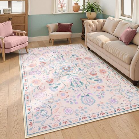 Anidaroel 5x7 Area Rugs for Living Room, Washable Pink Floral Rugs for Bedroom Girls, Soft Boho Nursery Rugs for Kids Playroom, Non Slip Low Pile Indoor Carpet for Bedside Dorm, Pink/Multi in Saudi Arabia