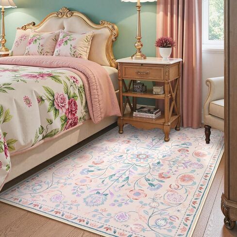 Anidaroel 5x7 Area Rugs for Living Room, Washable Pink Floral Rugs for Bedroom Girls, Soft Boho Nursery Rugs for Kids Playroom, Non Slip Low Pile Indoor Carpet for Bedside Dorm, Pink/Multi in Saudi Arabia