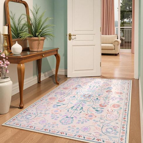 Anidaroel 5x7 Area Rugs for Living Room, Washable Pink Floral Rugs for Bedroom Girls, Soft Boho Nursery Rugs for Kids Playroom, Non Slip Low Pile Indoor Carpet for Bedside Dorm, Pink/Multi in Saudi Arabia
