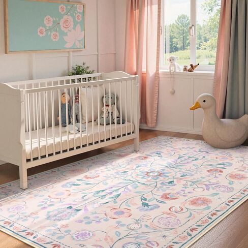 Anidaroel 5x7 Area Rugs for Living Room, Washable Pink Floral Rugs for Bedroom Girls, Soft Boho Nursery Rugs for Kids Playroom, Non Slip Low Pile Indoor Carpet for Bedside Dorm, Pink/Multi in Saudi Arabia
