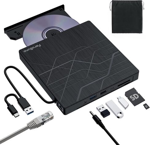 PeroBuno External CD DVD Drive, USB 3.0 Optical Disc Drive, 4 USB Ports and 2 TF/SD Card Slots, CD DVD Burner Writer Reader Player for Laptop Macbook iMac Desktop PC Windows 11/10/8/7/XP Linux Mac OS in Saudi Arabia