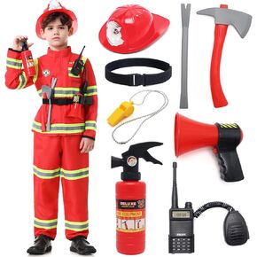 Boys Firefighter Costume Fireman Costume for Kid, Fire Fighter Dress Up Outfit with Toy Accessories Set