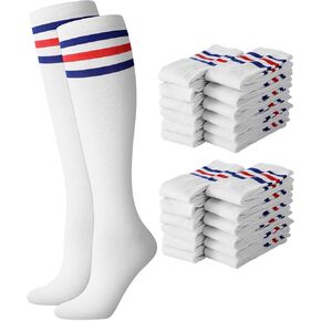 Jeyiour 12 Pairs Long Triple Stripe Socks for Women Retro Over the Calf Striped Tube Socks for Skateboard Outdoor Sport