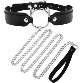 Cat Shaped Soft PU Leather Punk Gothic Choker Collar Necklace with Leash Chain, Fit Neck 12.5 to 17 inches