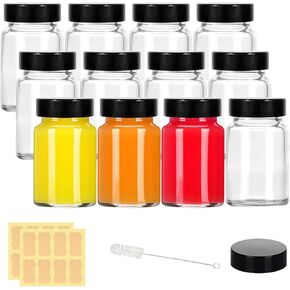 2 oz Small Clear Glass Bottles with Lids - 6Pcs Wide Mouth Shot Bottles with Caps for Ginger Shots, Juice, Potion, Liquids, Whiskey - Mini Travel Bottles with Funnels, Stickers