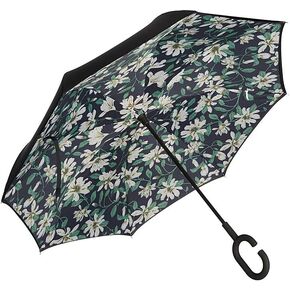 Folding Rain/Sun Umbrella, Reverse Closure, C Handle, White Gardinia