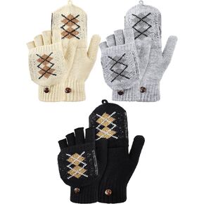 3 Pairs Winter Knitted Convertible Fingerless Gloves Knit Flip Fingerless Gloves with Fingers with Cover for Women Men(Rhombus Pattern,black, Gray, Beige)
