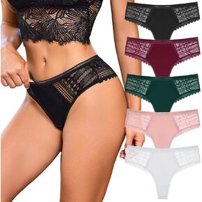 5 Pack Thong Underwear For Women Lace No Show Bikini Soft Breathe Panties Ladies Sexy Hipster