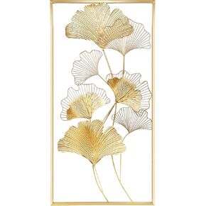 ديكور جدار معدني من Lulu ، 39 "× 20" Golden Ginkgo Leaf Wall Decor Decor مع إطار ، نحت جدار معدني ذهبي لغرفة المعيشة ، المكتب ، الدراسة ، كبيرة