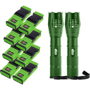 Gorilla Grip Luggage Straps and Tactical Flashlights, Luggage Straps Tightening Belts 8 Pack in Green, Tactical Flashlight Adjustable Mode 2 Pack in Hunter Green, 2 Item Bundle
