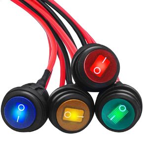 mankk 4Pcs Waterproof Rocker Toggle Switch 3pin 12V 20A ON/Off Blue Green Red Yellow LED Lighted Round SPST with Pre-soldered Wires 2 Position Switch for Car Auto Boat Trucks KCD1-8-101NW-4C-X