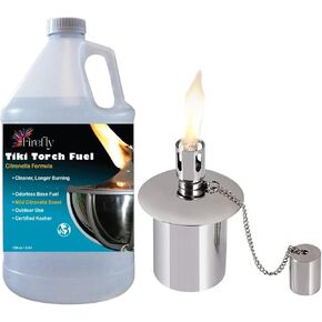Firefly Biodegradable Citronella Tiki Torch Fuel + Firefly Polished, Stainless Steel Table-Top Tiki Torch Canister