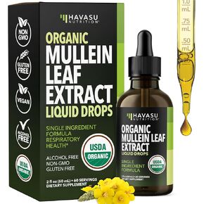 قطرات Mullein للرئتين - USDA العضوية السائلة - صحة الجهاز التنفسي ودعم الرئة - 2 Fl Oz - نباتي ، غير المعدلة وراثيًا ، وصيغة خالية من الكحول - صبغة عشبية يومية - إمداد لمدة شهرين