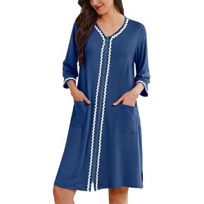 Ekouaer Zipper Robes for Women 3/4 Sleeves Lightweight House Coat Zip Up Bathrobe Soft Nightgown with Pockets S-3XL