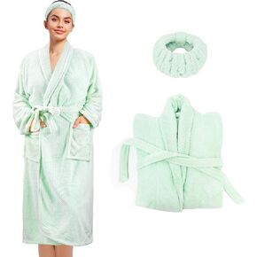 Womens Robe Premium Microfiber Bathrobe Full Length,Fluffy Cozy Warm Bathrobes for Women, Shower Spa Long Robes Female - Bean Green