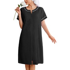 Ekouaer Women Zipper Robe Short Waffle Knit Bathrobe Lightweight Housecoat Soft Knee Length Loungewear with Pockets S-XXXL
