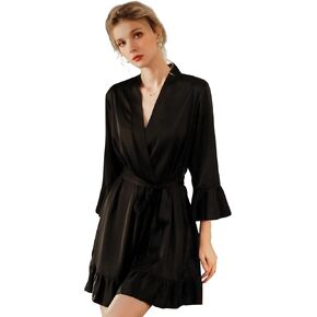 RONGTAI Women's Satin Robe Faux Silk Flare Sleeve Bathrobe Pure Sleepwear S-L